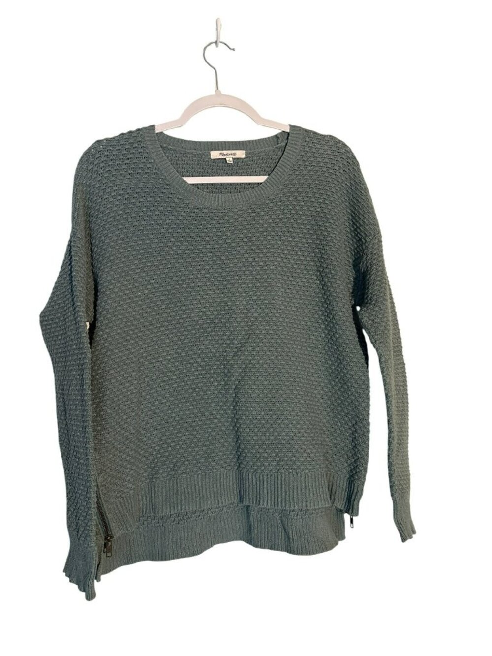 Madewell Waffle-Knit Sage Green Long Sleeve Side Zippers Sweater Size M